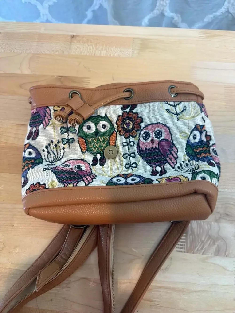 Small Tapestry Owl Print Mini Backpack with Brown Faux Leather Trim